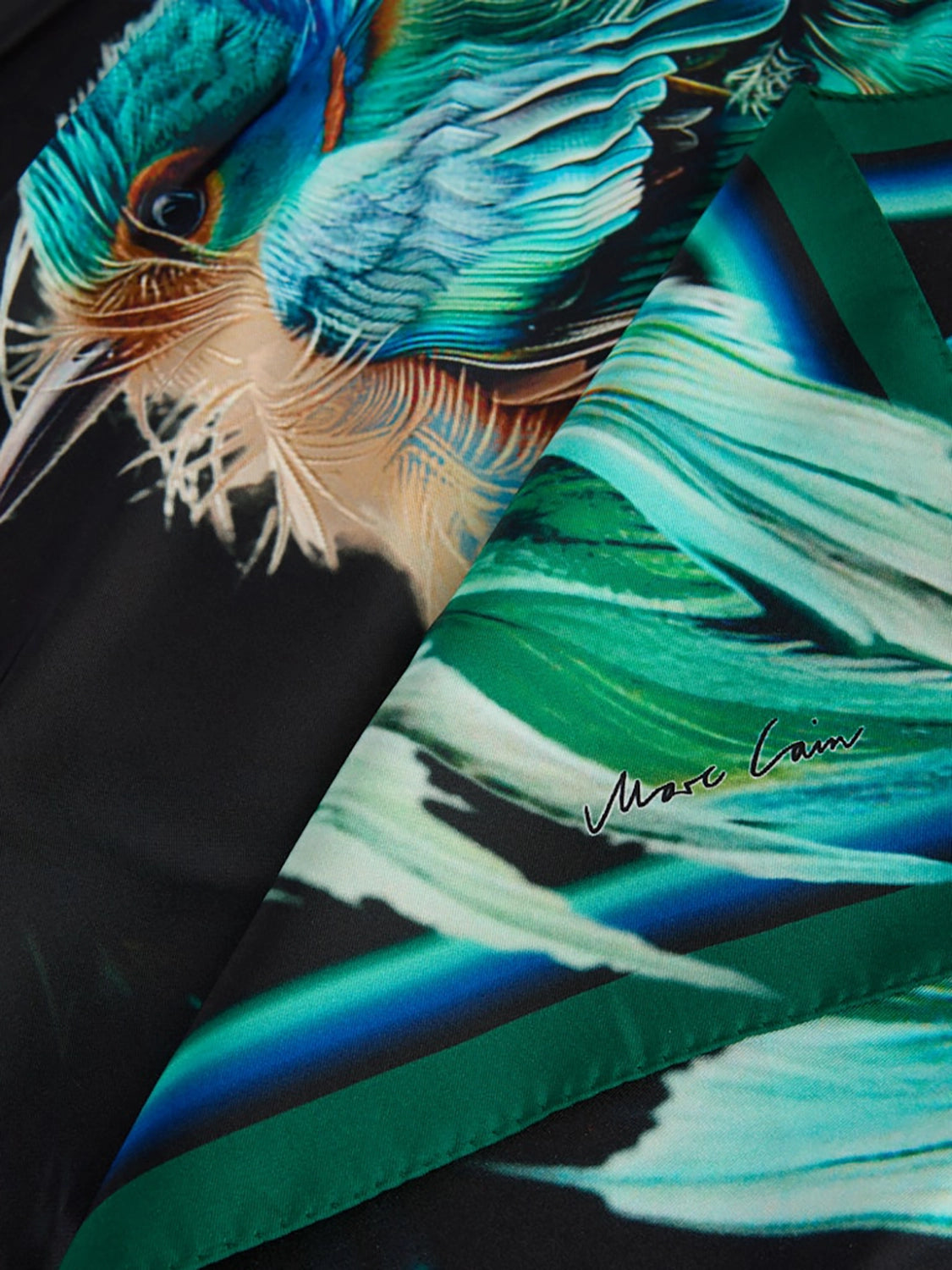 Marc Cain Silk scarf with mystical feather print in Dark Jade Green ZC B1.04 Z45