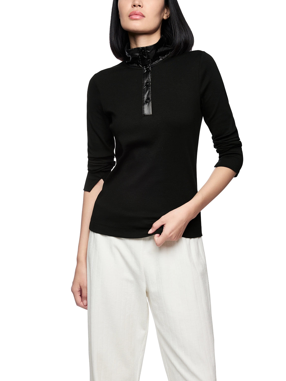 Marc Cain Ribbed shirt with shiny collar in Black ZS 48.44 J55