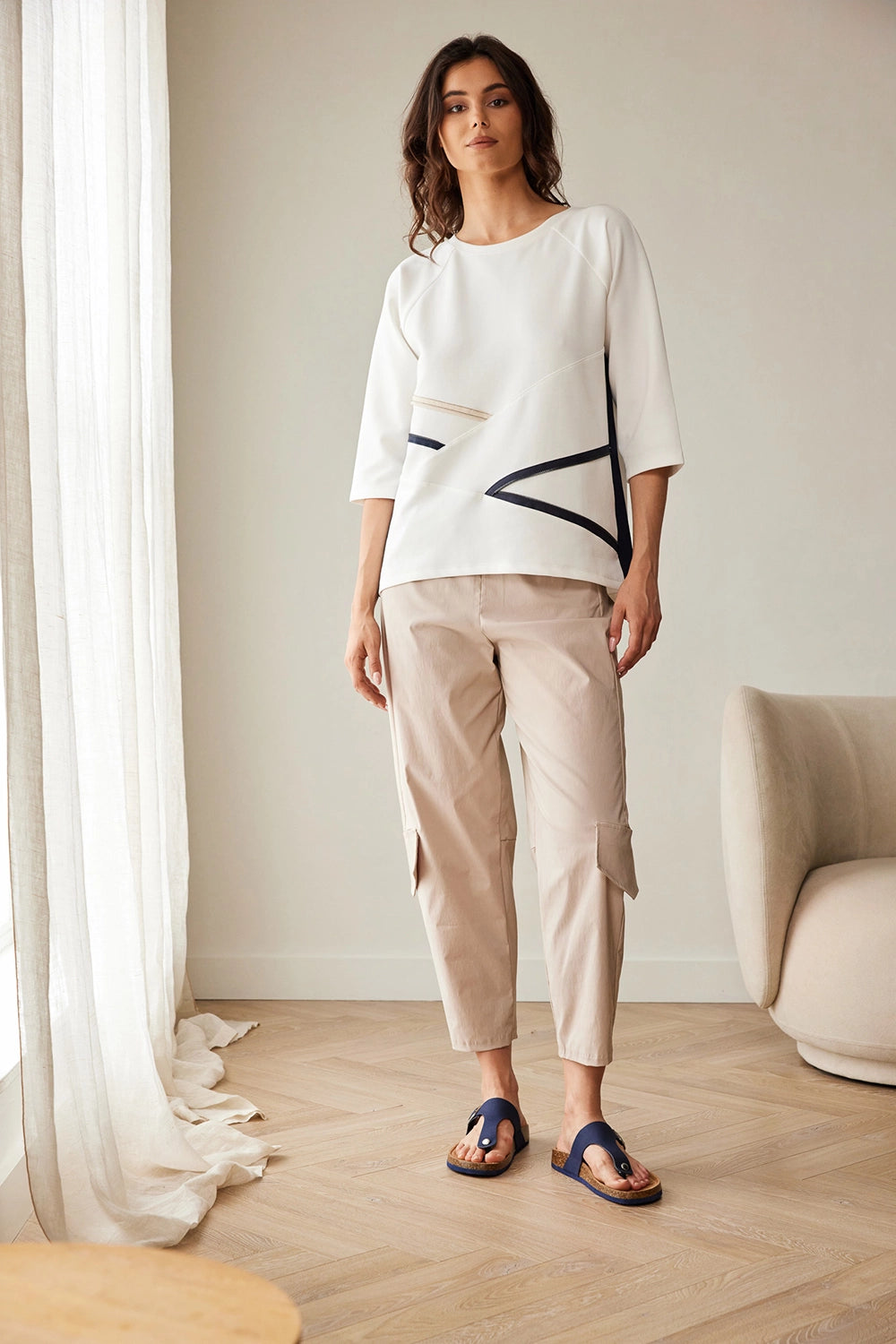 Peruzzi Zip Contrast Top in Ecru/Navy S26171