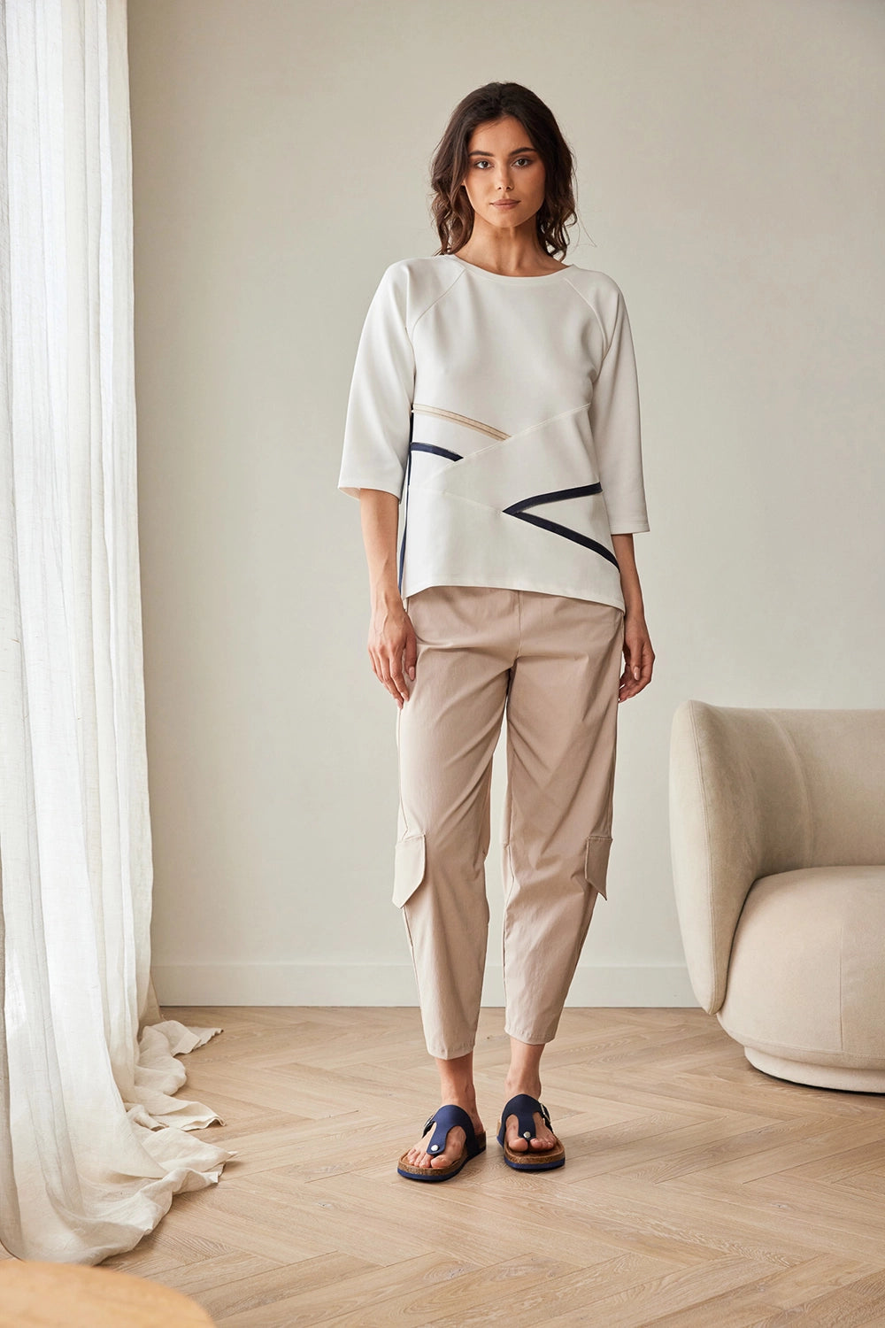 Peruzzi Zip Contrast Top in Ecru/Navy S26171