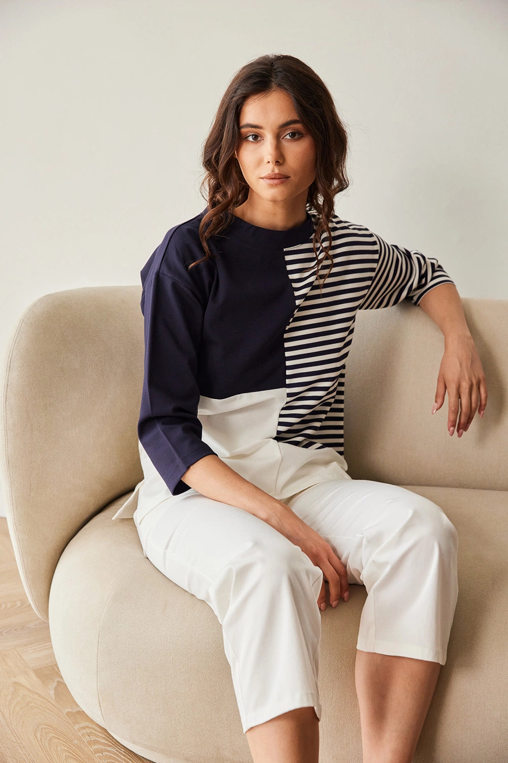 Peruzzi Stripe Block Top in Navy/Ecru S26176