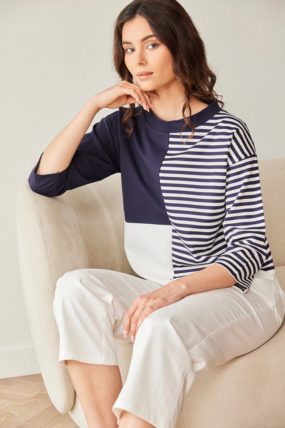 Peruzzi Stripe Block Top in Navy/Ecru S26176