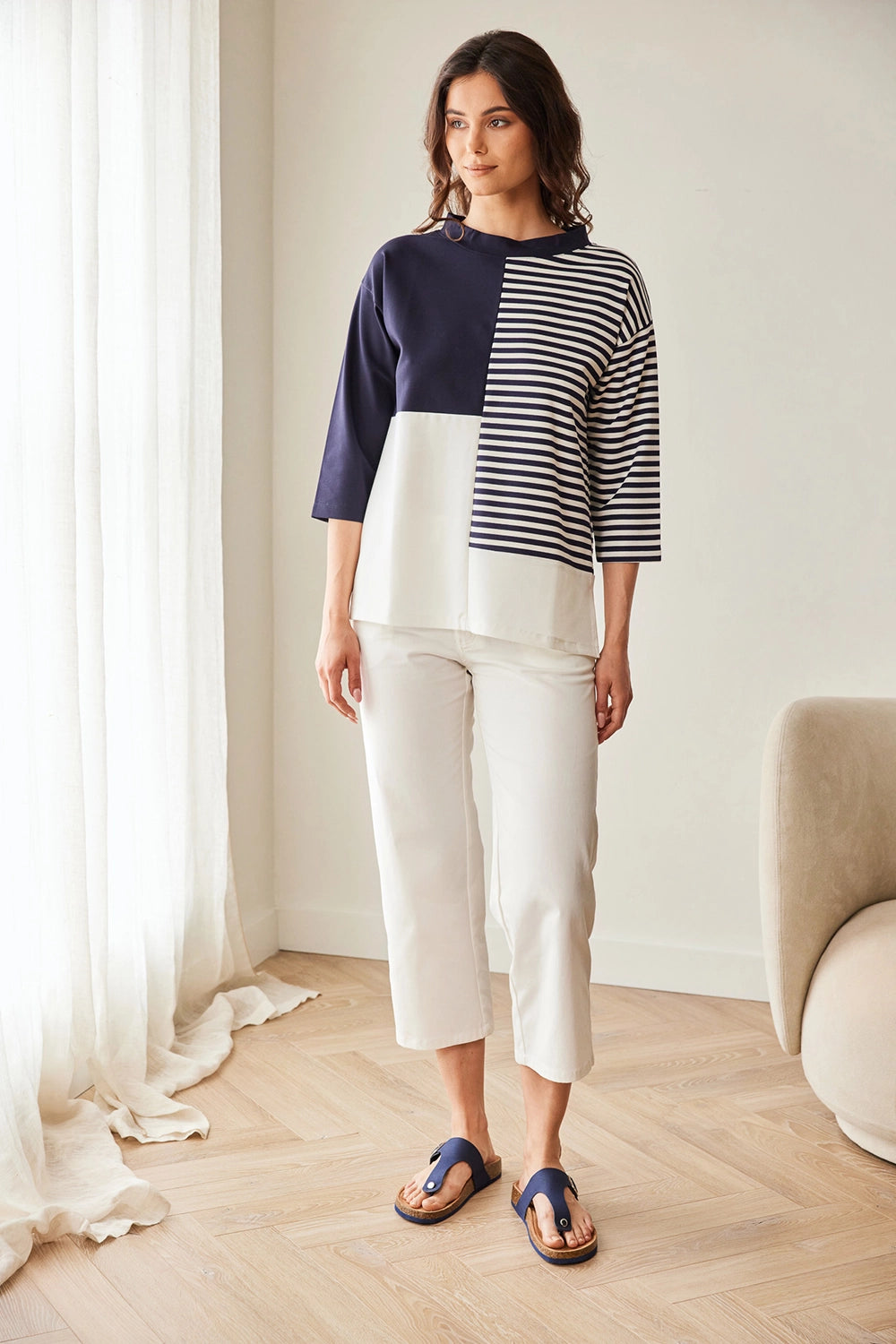 Peruzzi Stripe Block Top in Navy/Ecru S26176