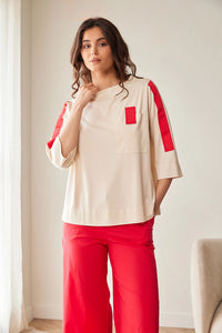 Peruzzi Contrast Sleeve Top in Sand/Red S26184
