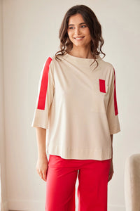 Peruzzi Contrast Sleeve Top in Sand/Red S26184