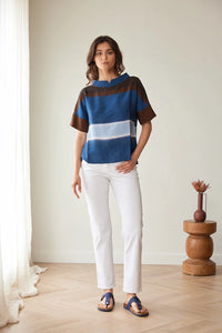 Peruzzi Multi Stripe Top in Blue/Brown S26206