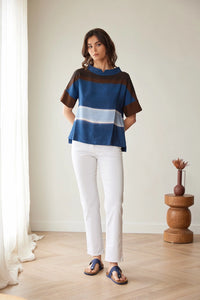 Peruzzi Multi Stripe Top in Blue/Brown S26206