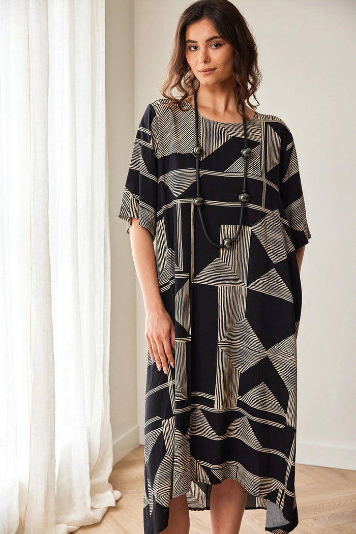 Peruzzi Geo Print Dress in Black/Vanilla S26520