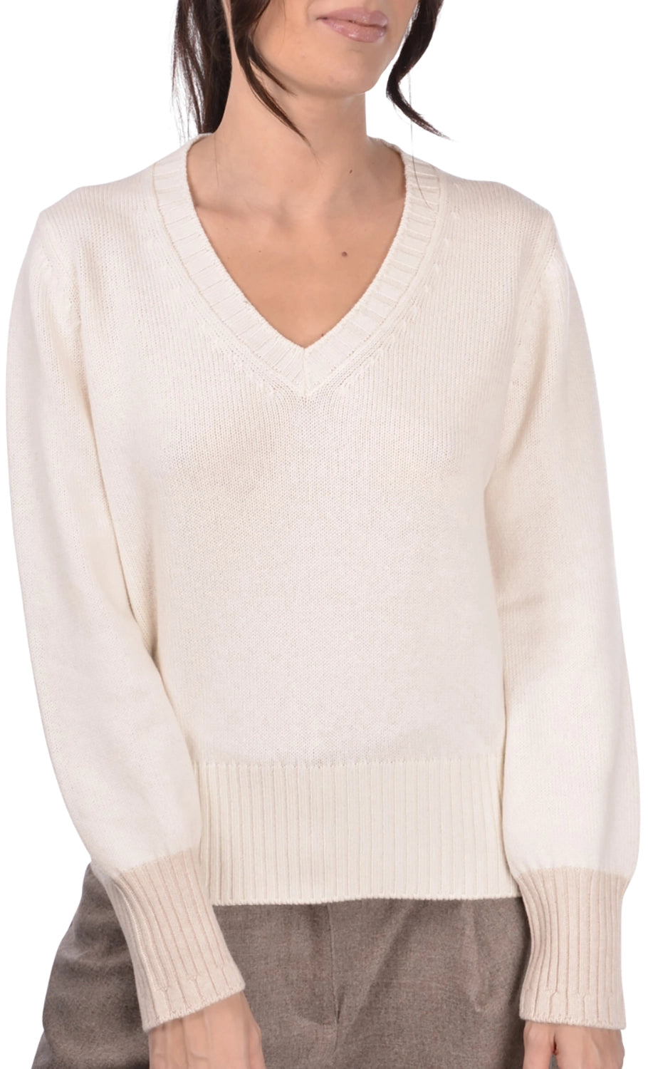 Gran Sasso Cashmere V Neck Knit with Contrast Cuff 23281-23880