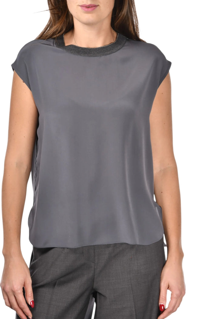 Gran Sasso  Silk Short Sleeve Shirt with Knitted Details in Slate Navy 61283-52779