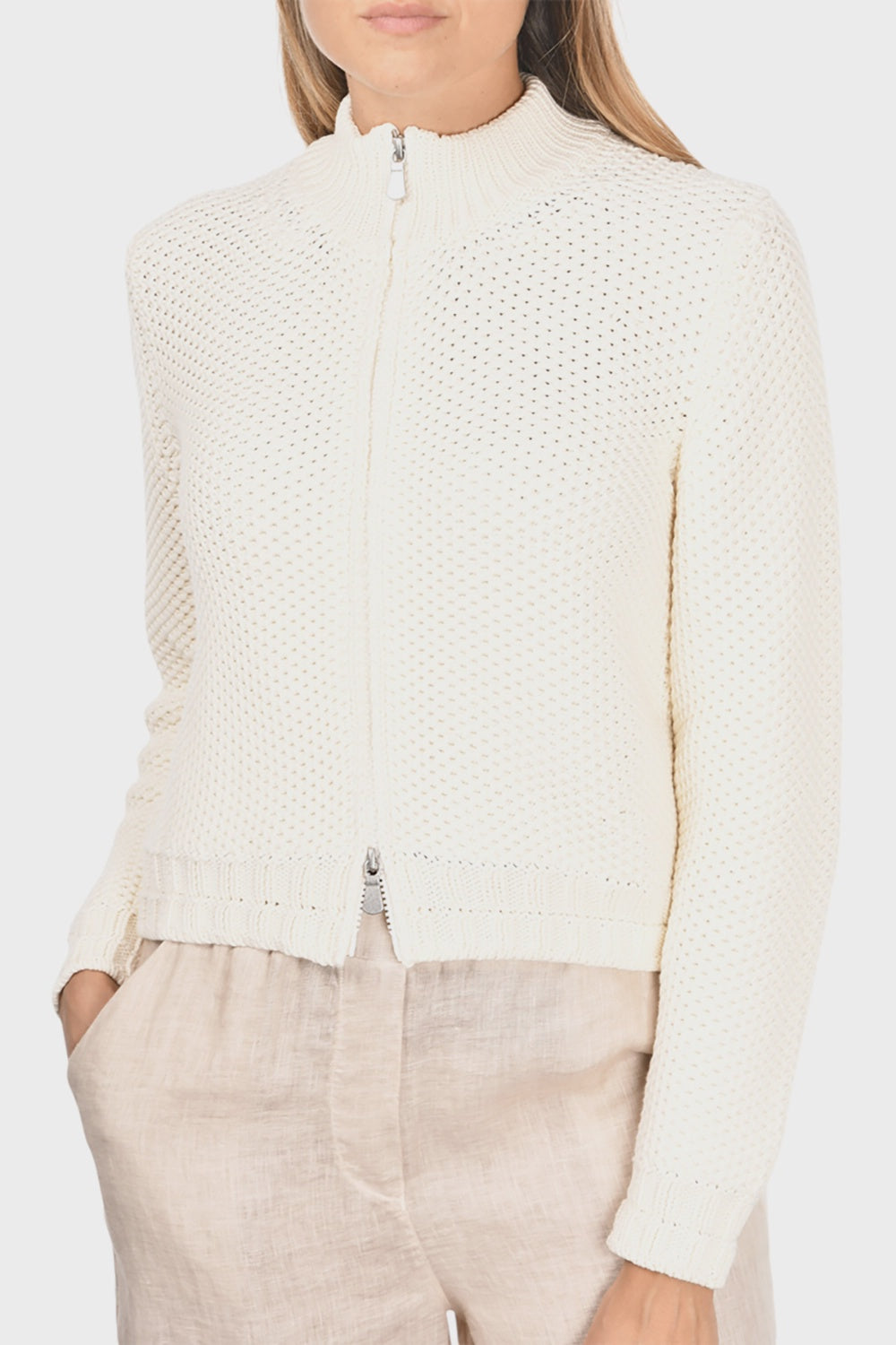 Gran Sasso Waffle Stitch Cotton Zip Cardigan in Cream 10225-18425