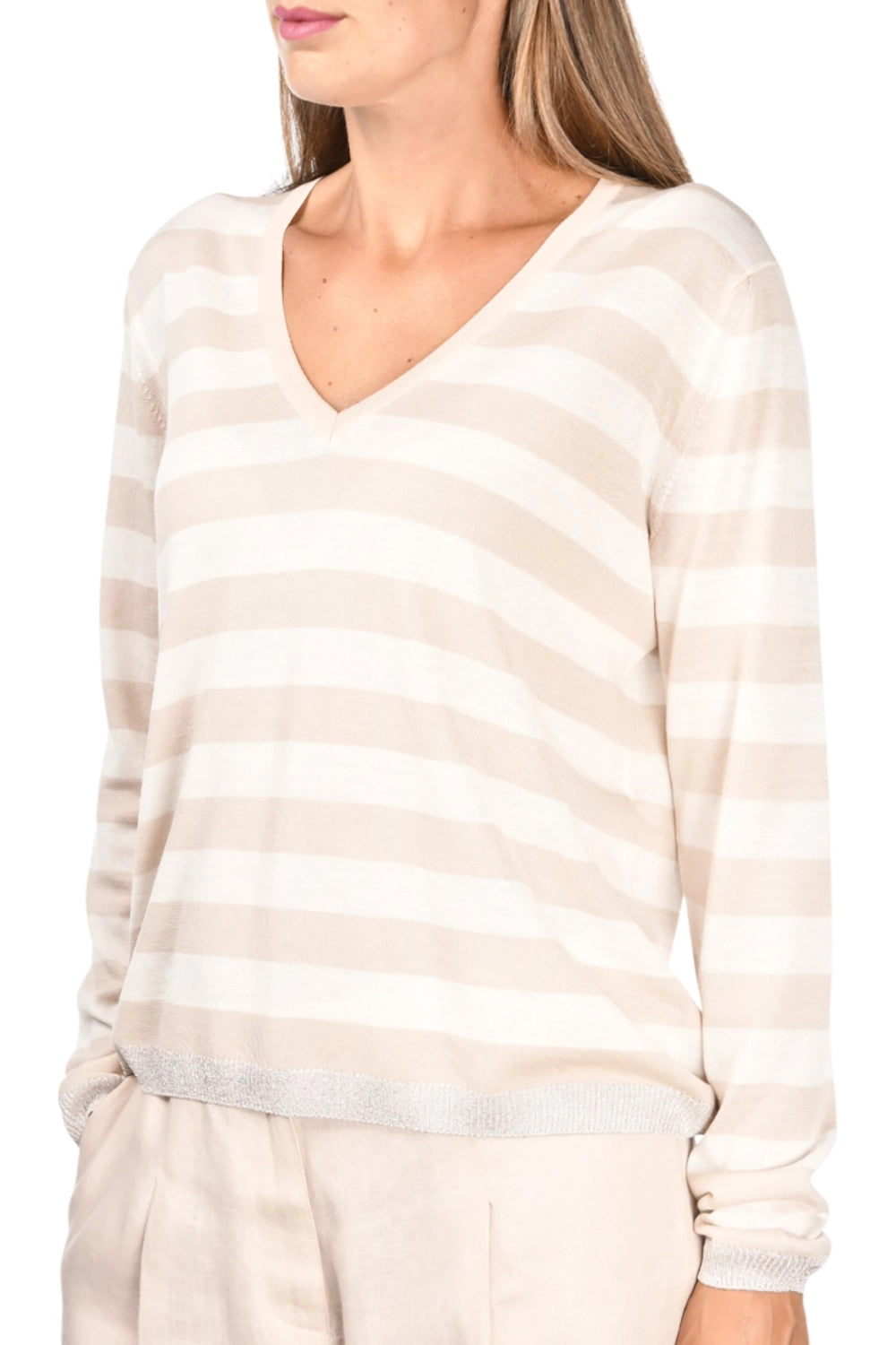 Gran Sasso Super Fine Tasmanian Merino V-Neck with Lurex Trim in Cream Beige Stripe 43212-14786