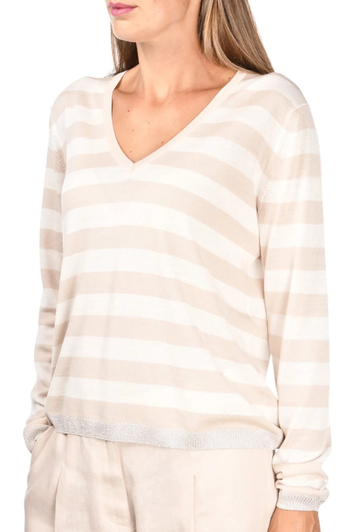 Gran Sasso Super Fine Tasmanian Merino V-Neck with Lurex Trim in Cream Beige Stripe 43212-14786