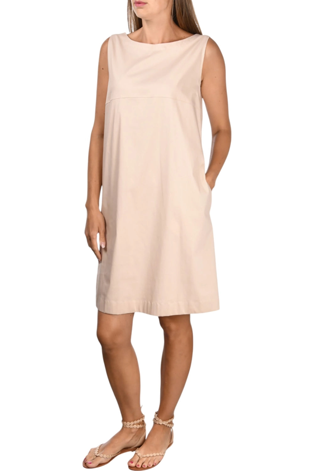 Gran Sasso Round Neck Cotton Poplin Dress Side Pockets in Beige 72247-54300