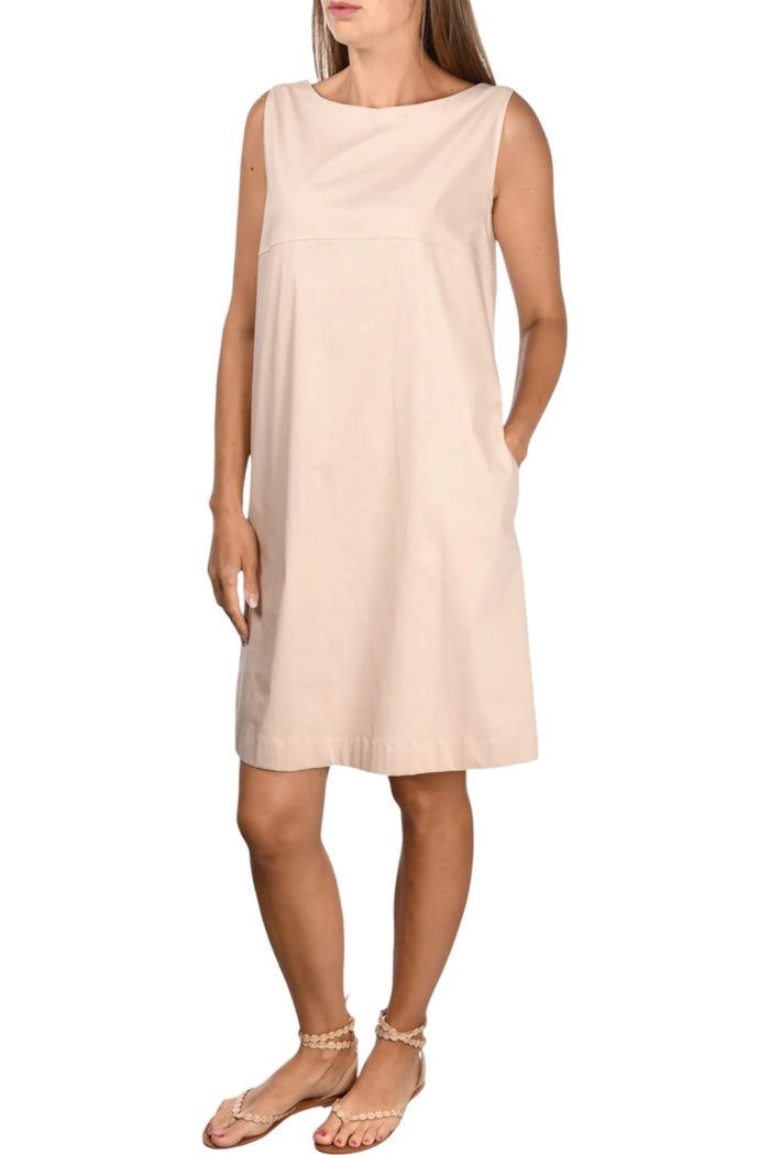 Gran Sasso Round Neck Cotton Poplin Dress Side Pockets in Beige 72247-54300