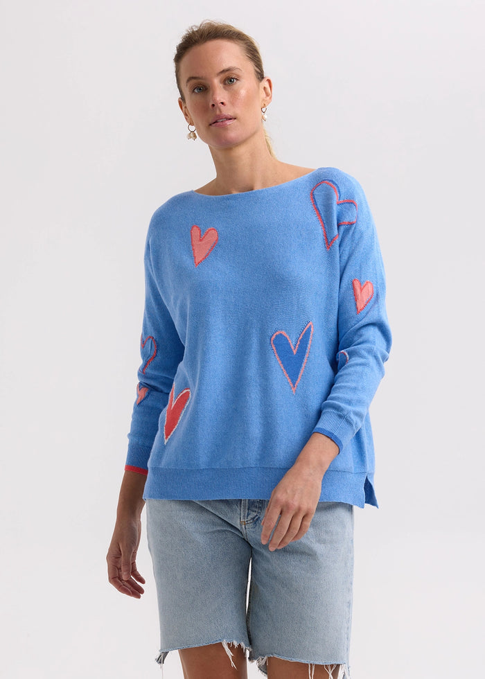 Zaket & Plover Intarsia Hearts Knit in Chambray ZP7713