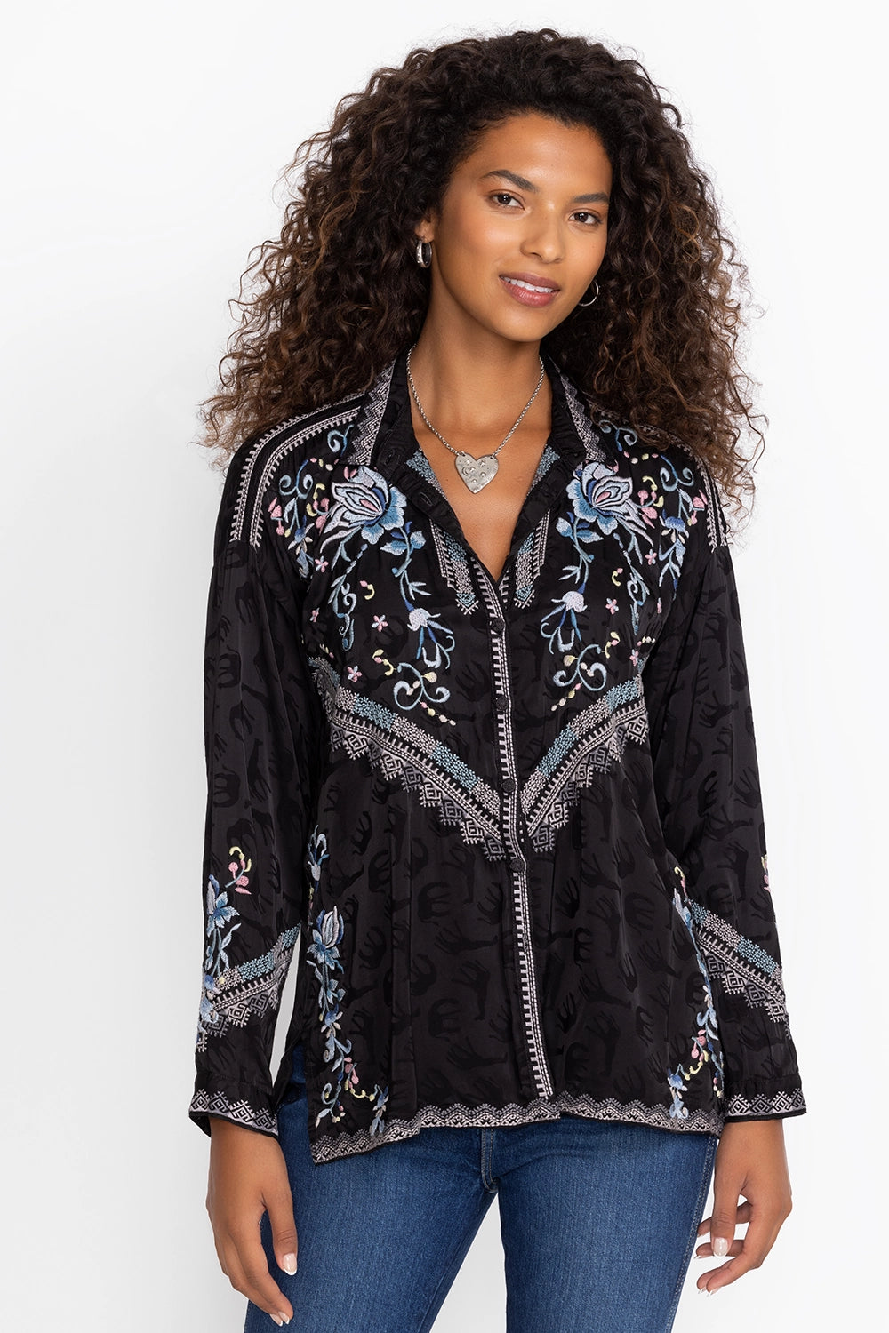 Johnny Was The Audrey Oversized Embroidered Blouse - Sanded Black C16824-9