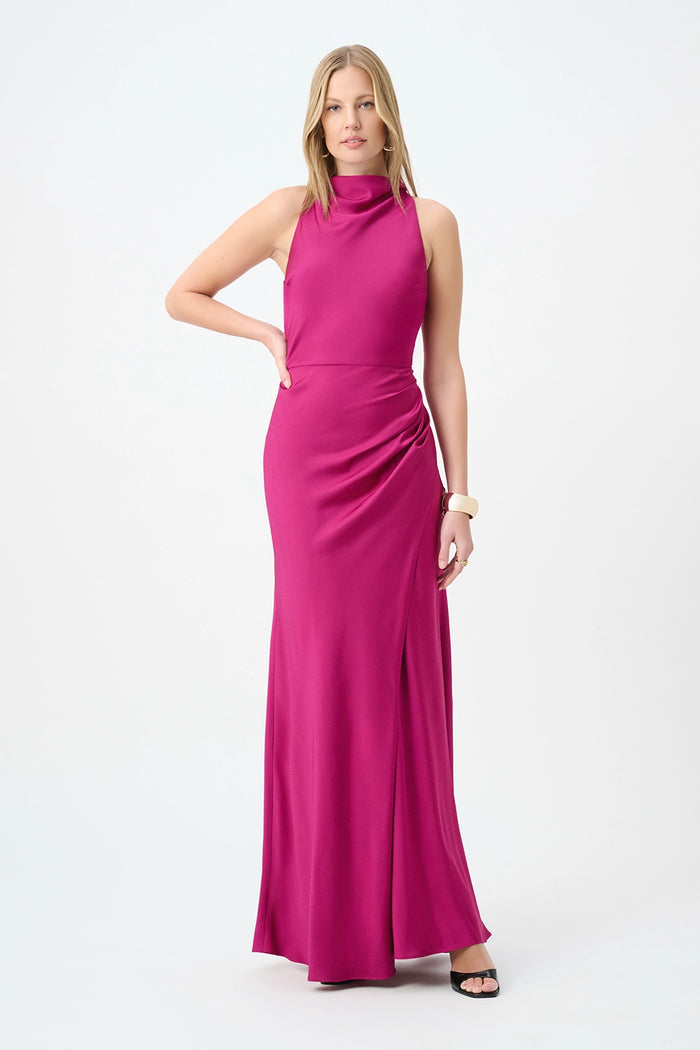 Joseph Ribkoff Satin Halter Neck Trumpet Gown in Deep Magenta