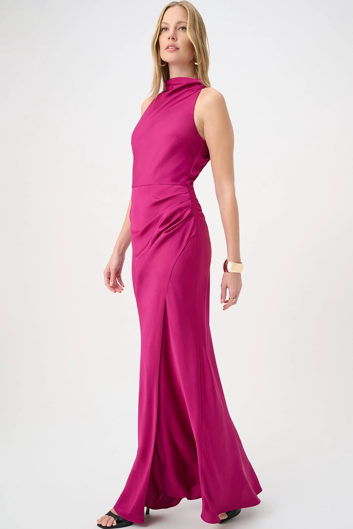 Joseph Ribkoff Satin Halter Neck Trumpet Gown in Deep Magenta