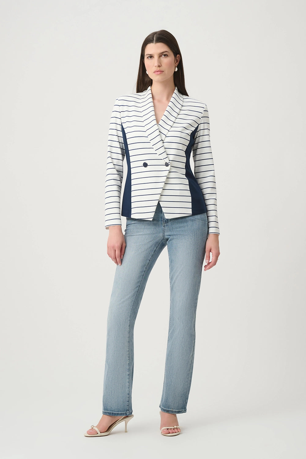 Joseph Ribkoff Stripe Shawl Blazer in Off White and Navy