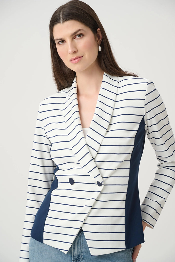 Joseph Ribkoff Stripe Shawl Blazer in Off White and Navy