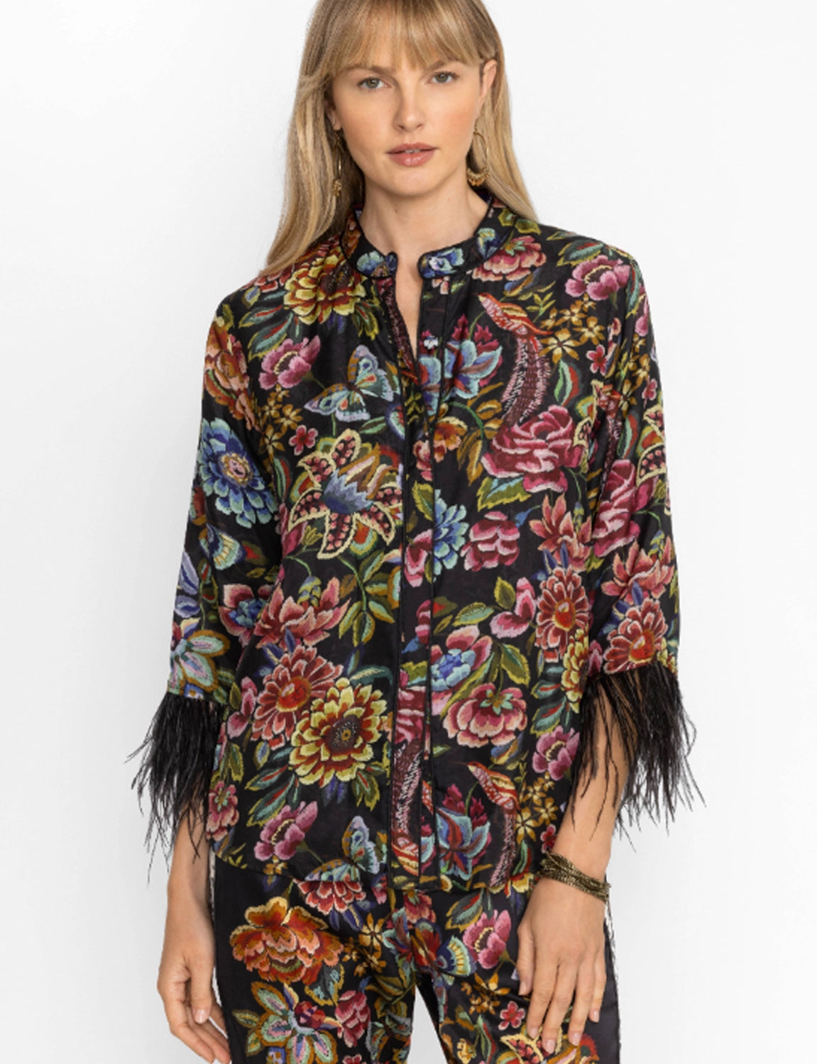 Johnny Was Lewella Feather Trim Kimono - Asiavo C44724-8 - Pre-Order Mid October Delivery