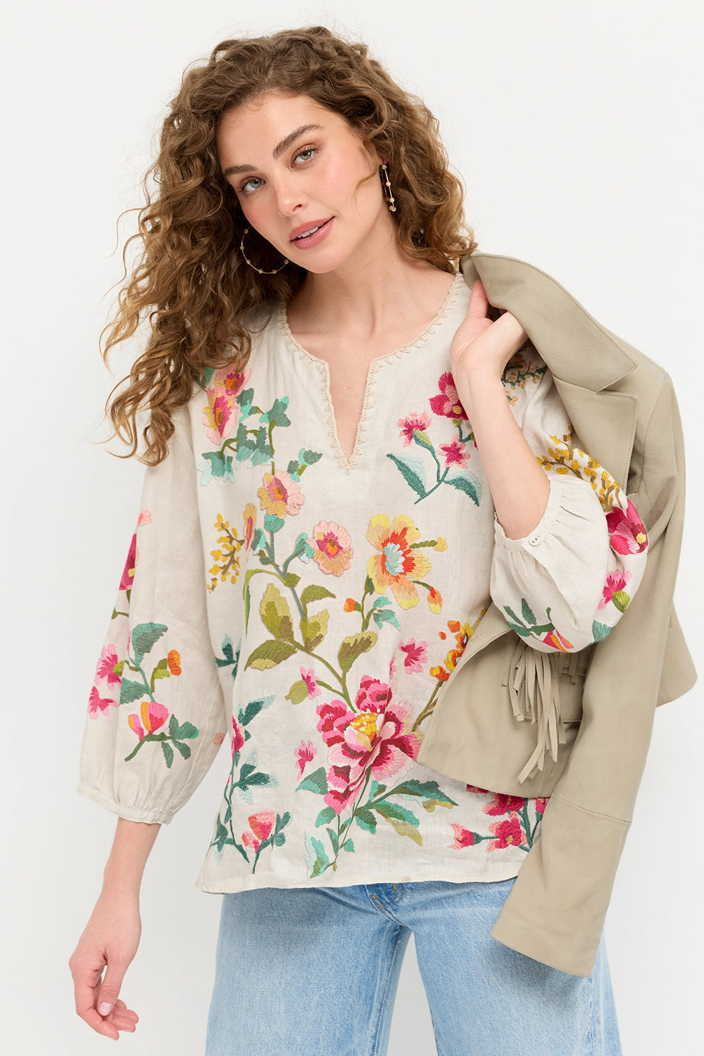 Johnny Was Split Neck Linen Blouse - Miraze J10426-1