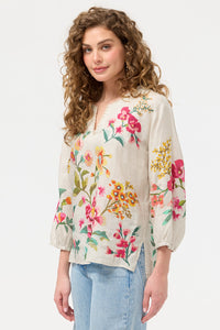 Johnny Was Split Neck Linen Blouse - Miraze J10426-1