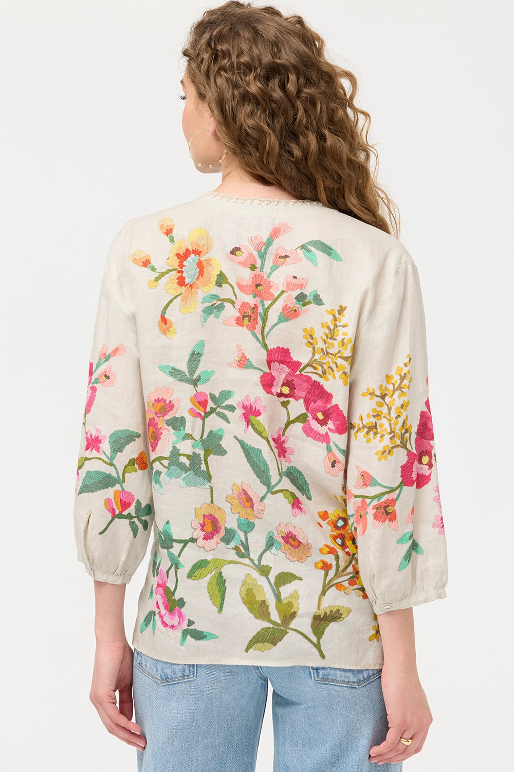 Johnny Was Split Neck Linen Blouse - Miraze J10426-1