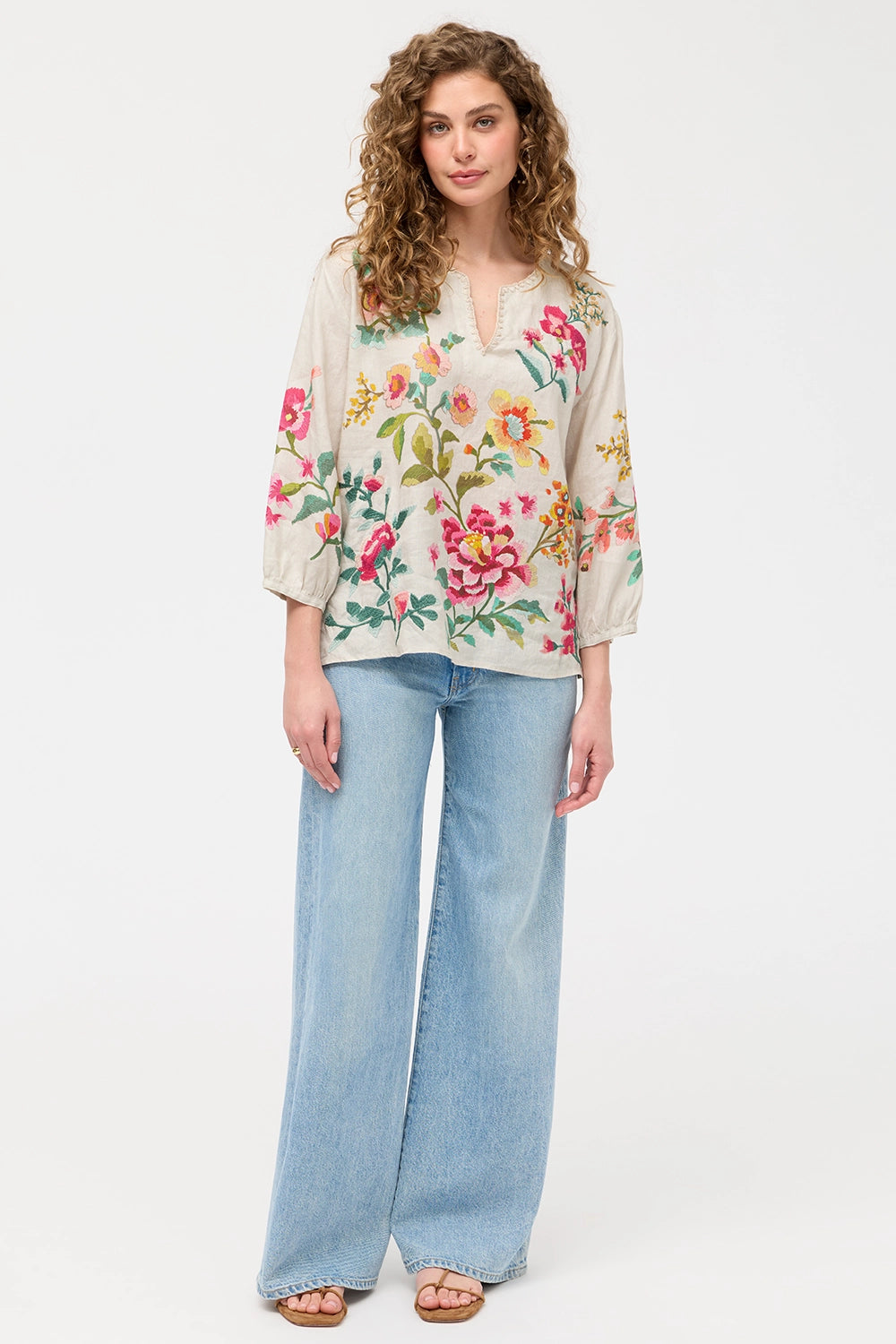 Johnny Was Split Neck Linen Blouse - Miraze J10426-1