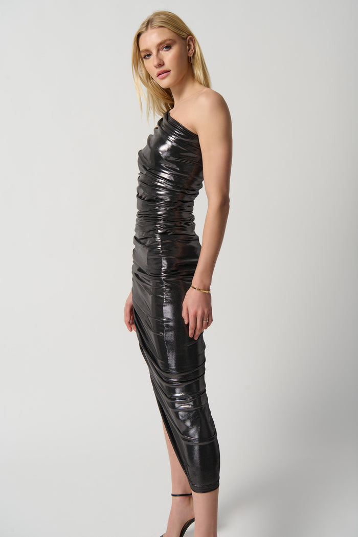 Joseph Ribkoff One-Shoulder Shirred Metallic Dress Jr234158