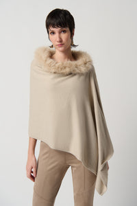 Joseph Ribkoff Sweater Knit Poncho With Faux Fur Crewneck Jr234907