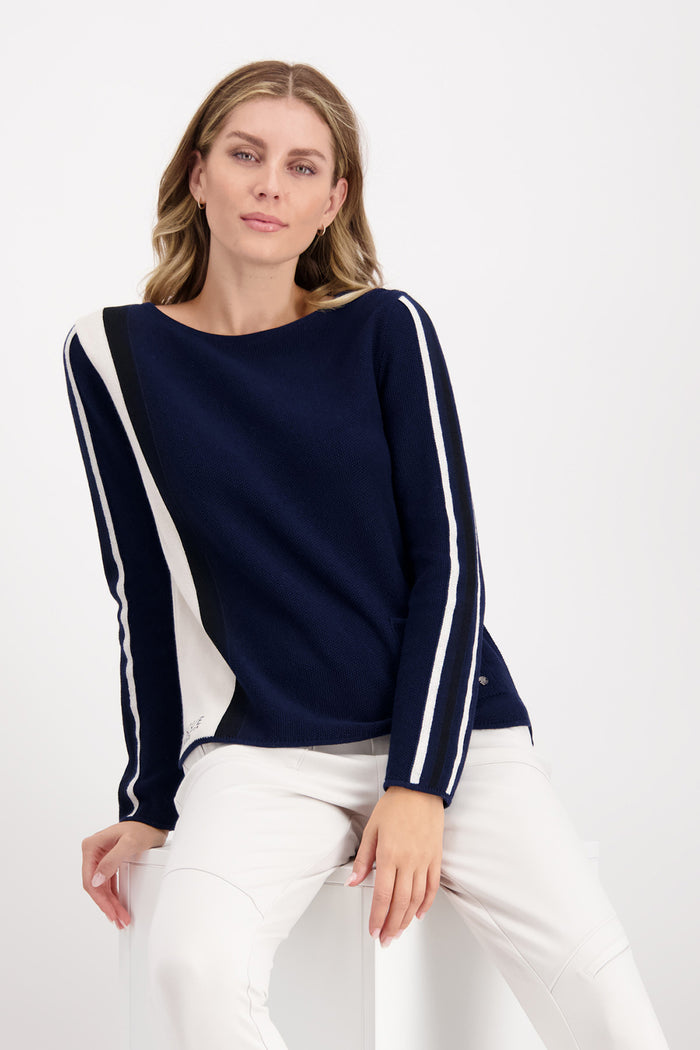 Monari Round Neck Knit with Contrast Trim on Sleeves M806600
